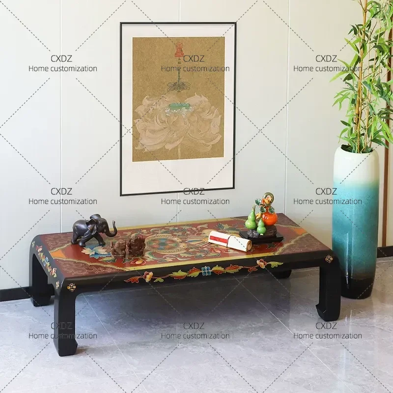 Tibetan Style Solid Wood Coffee Table Ethnic Living Room Tea Table with Eight Treasures Decorative Strip Aesthetic Low Table