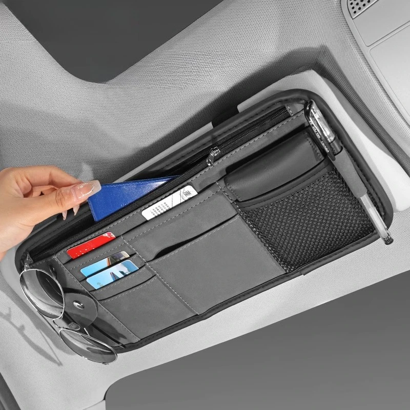 

​Universal Car Visor Organizer - Multi-Functional Storage Pouch for Sunglasses, Cards & Licenses PU Leather Clip-On Design