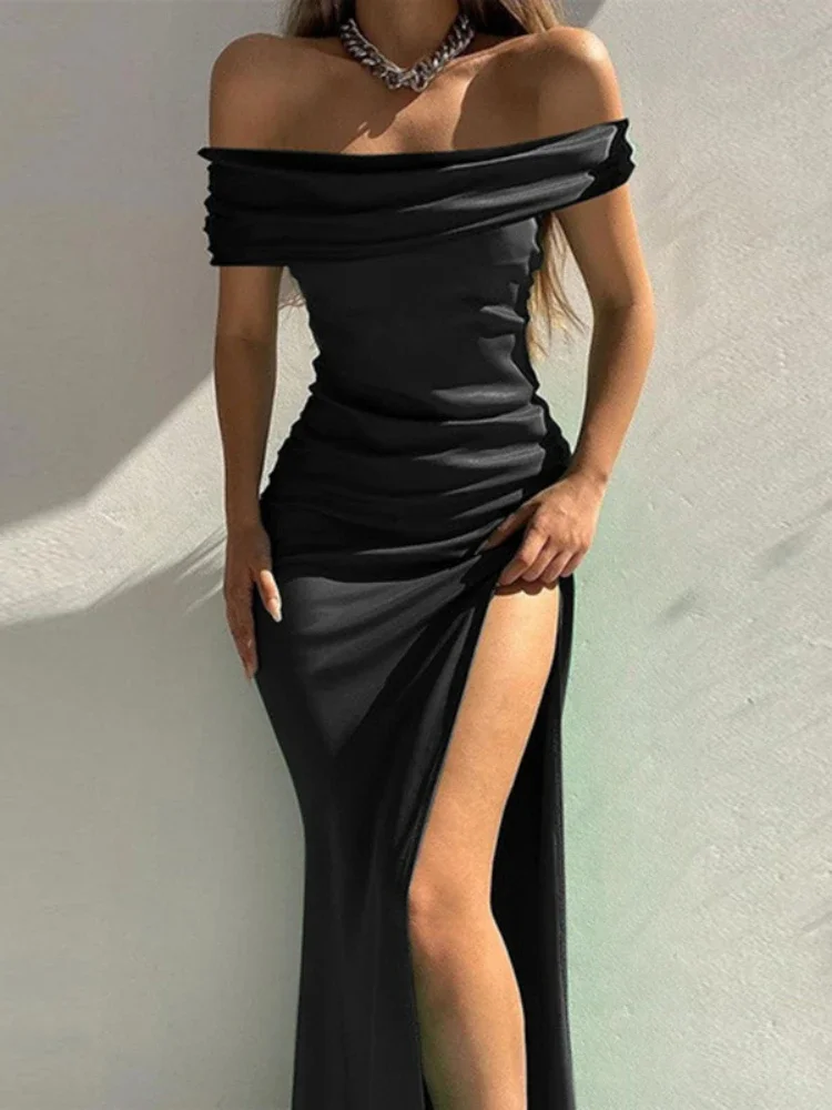 2024 neue Sommer Frauen Grün Ballkleider Sexy Roben Off Schulter Hohe Schlitz Satin Abendkleid Midi Langes Kleid Festival Party tragen