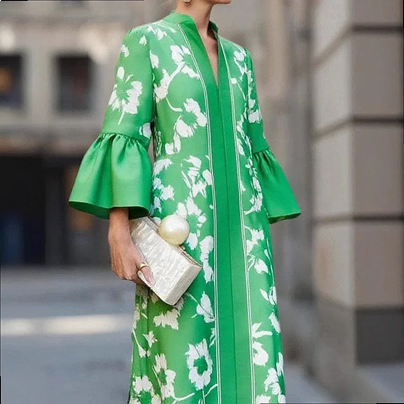 Elegant Green Deep V Neck Floral Print Long Dress Women Bubble Sleeve French Style Maxi Dress Spring Summer Dresses