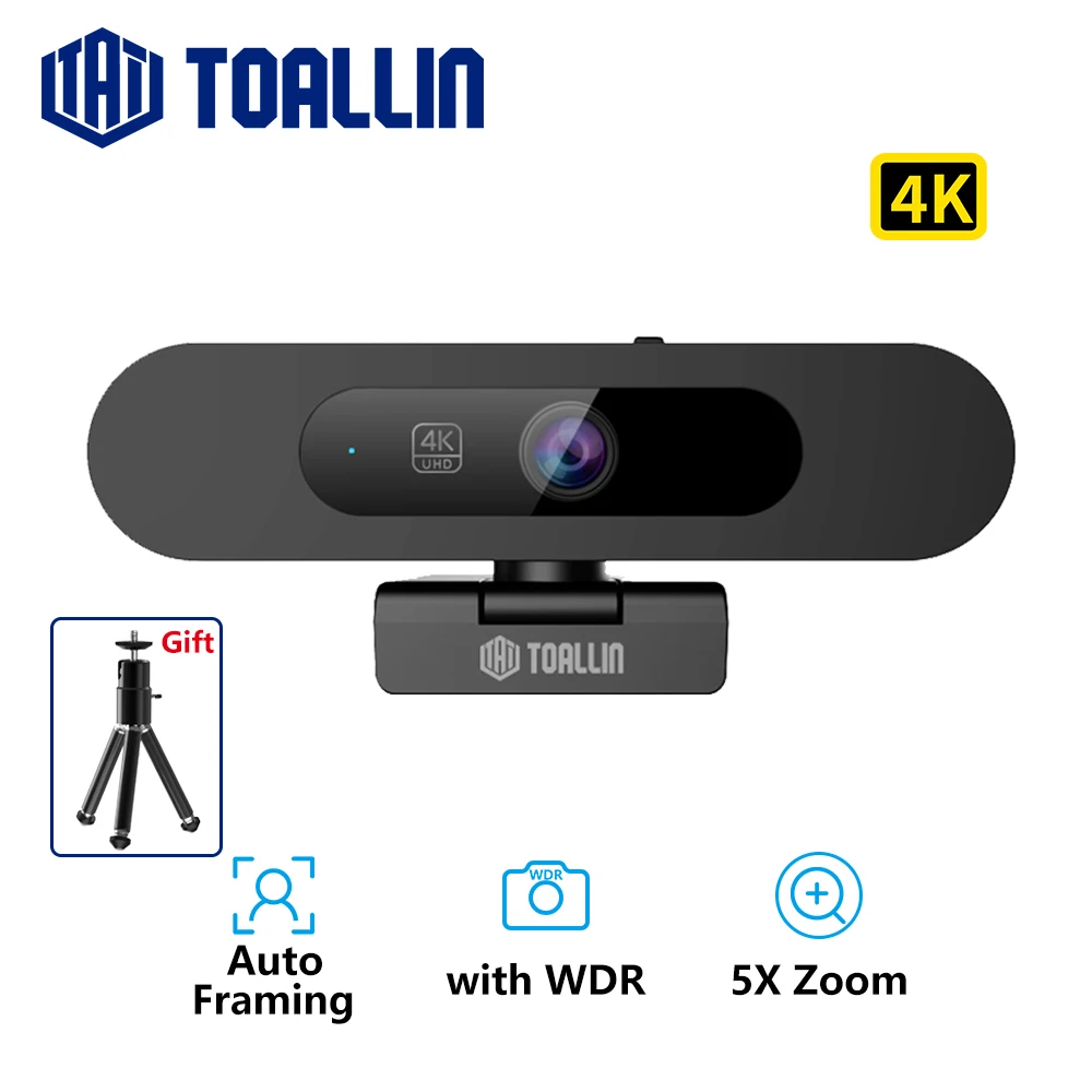 TOALLIN 4K Webcam Auto Focus Streaming Web Camera WDR, Auto Framing, Computer PC USB Camera with Microphones for Zoom/Teams/OBS