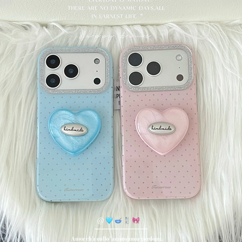 Cute Pink Blue Polka Dot Glitter Photo Frame With Love Heart Holder Shock Proof Phone Cover Case for iPhone 17 16 15 14 Pro Max