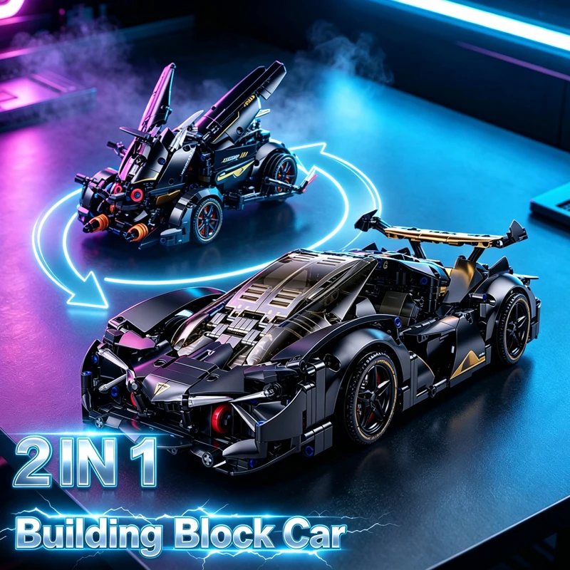 1248 PIECES Black Gold Technical Supercar 2 in 1 Transform Building Kit Mechanical DIY Assembly Bricks Model Toy for Adults Gift