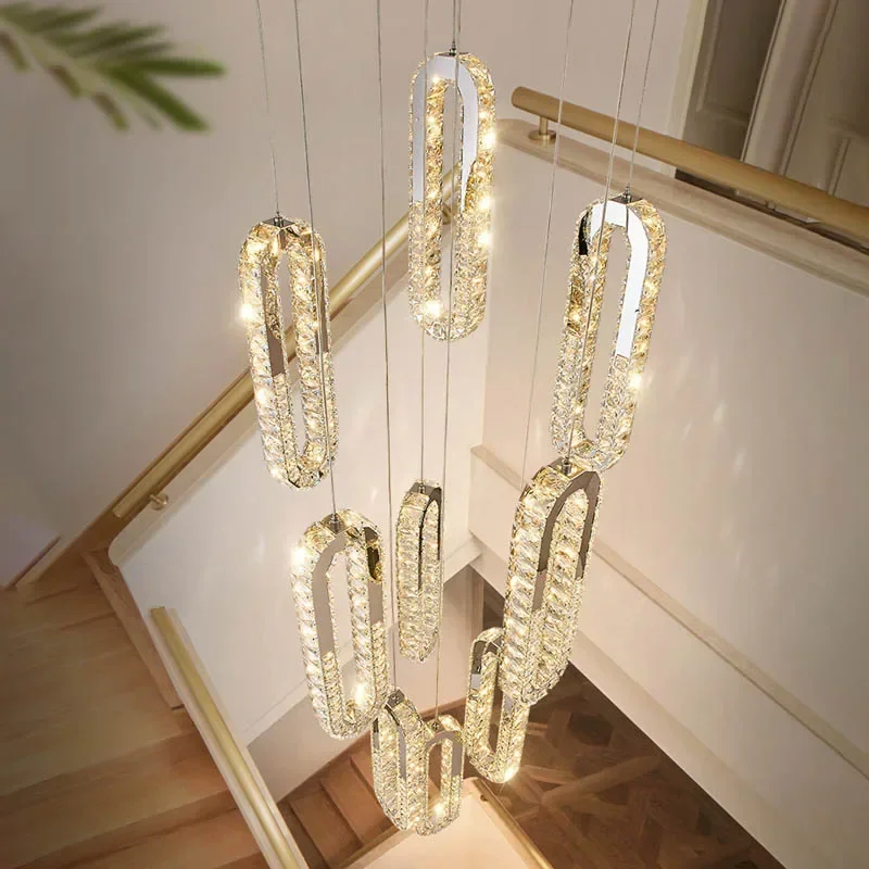 Modern Luxury Crystal Pendant Lights Home Decoration High-rise Villa Stairwell Living Room Ceiling Chandelier Golden LED Light