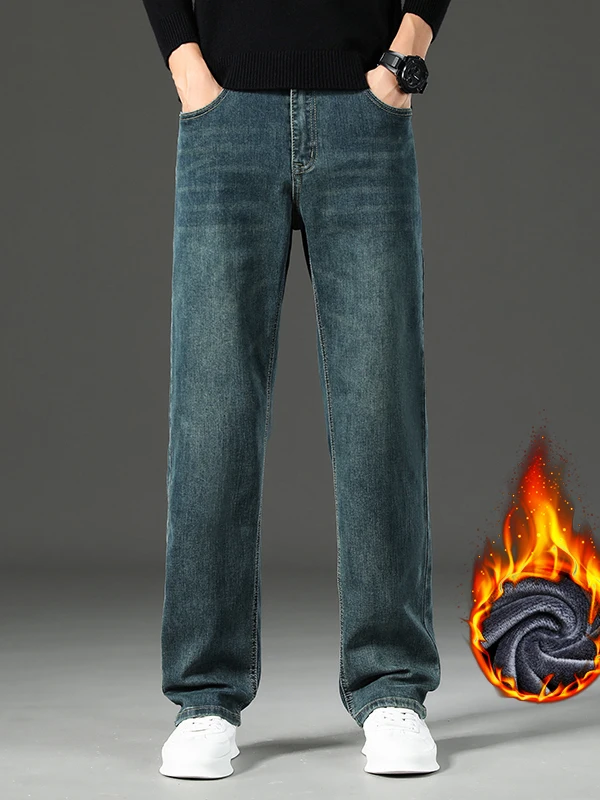 

Мужские винтажные джинсы прямого кроя с эффектом потертости, осенне-зимние, свободные, больших размеров, на флисовой подкладке, утепленные, повседневные, длинные брюки