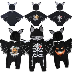 2024 Halloween Fashion Style Baby Boys Girls Long Sleeve For Bat Pumpkin Print Costume Jumpsuit With Hooded Clothes +Hat 2Pcs