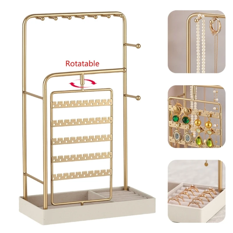 195C Rotating Jewelry Stand with Five-Row Earring Panel, Multi-Zone Metal Storage Holder for Dresser and Vanity Countertop