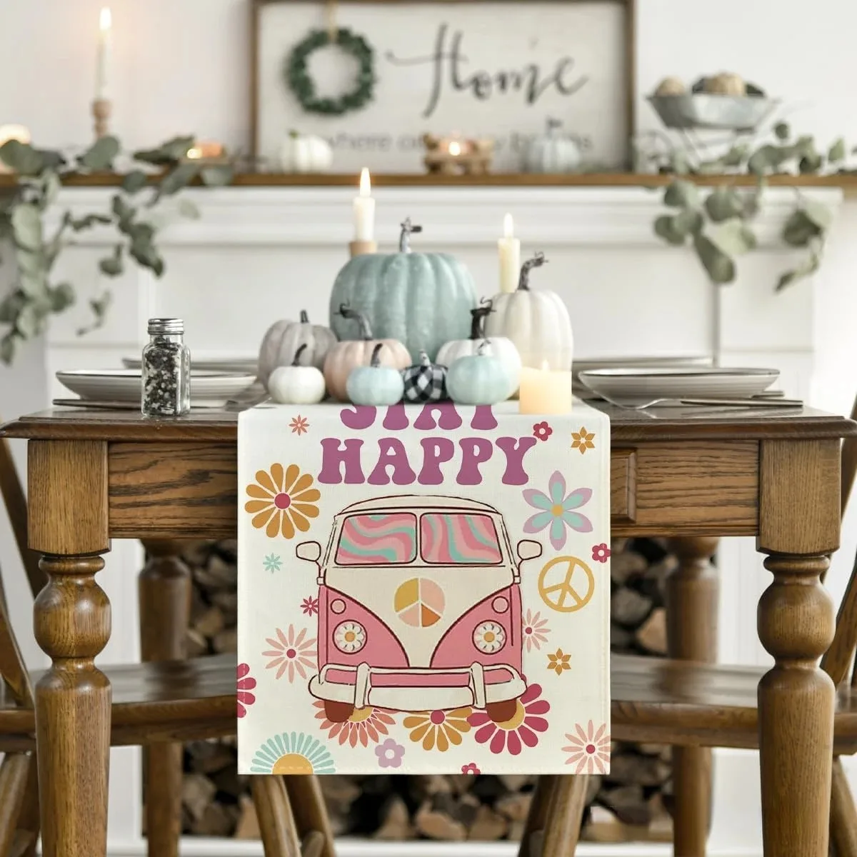 Groovy Bus Stay Happy Daisy Flower Hippie Table Runner Dresser Scarves Peace and Love Kitchen Table Runners Holiday Decorations