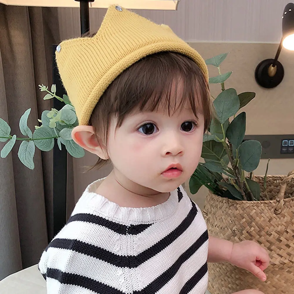 

Baby Crown Knitted Hat Yellow Winter Warm Beanie for Newborns Fine Workmanship Soft Comfortable Ear Protection Fashionable