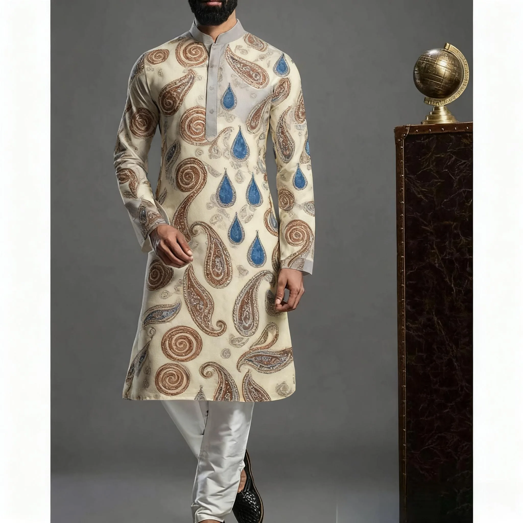 عباية عربية إسلامية للرجال رداء عرقي مطبوع بياقة واقفة قميص شبابي متوسط الطول معطف فاخر بدلة تركية غير رسمية للرجال #6