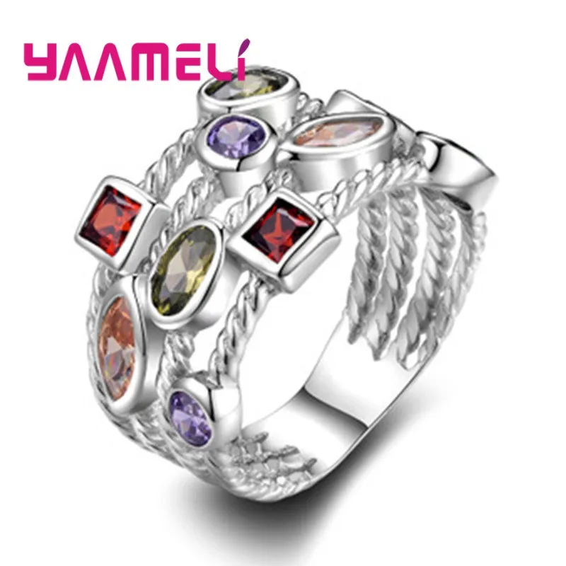 New Fashion Statement 925 Sterling Silver Jewelry Square Oval Cube Marquise Colorful Cubic Zircon Crystal Women Party Rings