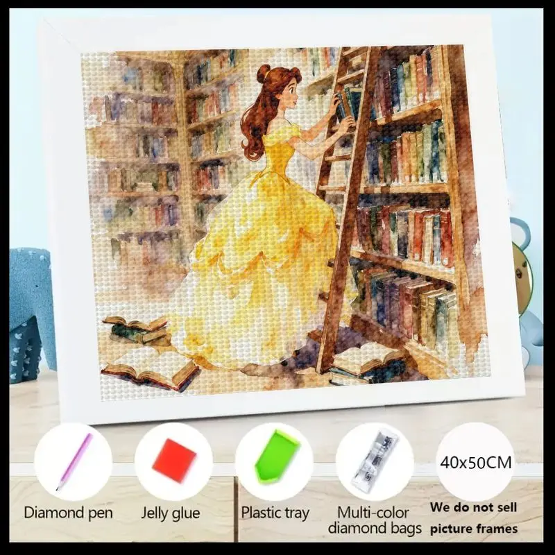 

1 шт. 5D DIY комплект алмазной живописи, элегантная принцесса Белль на лестнице в зачарованной библиотечной сцены, полная дрель, круглый кристалл, драгоценный камень, искусство f