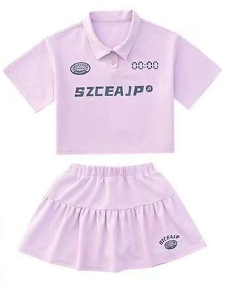 Conjunto de ropa de verano para niña adolescente, camiseta con solapa y estampado de letras, traje de falda, chándal de manga corta con parte