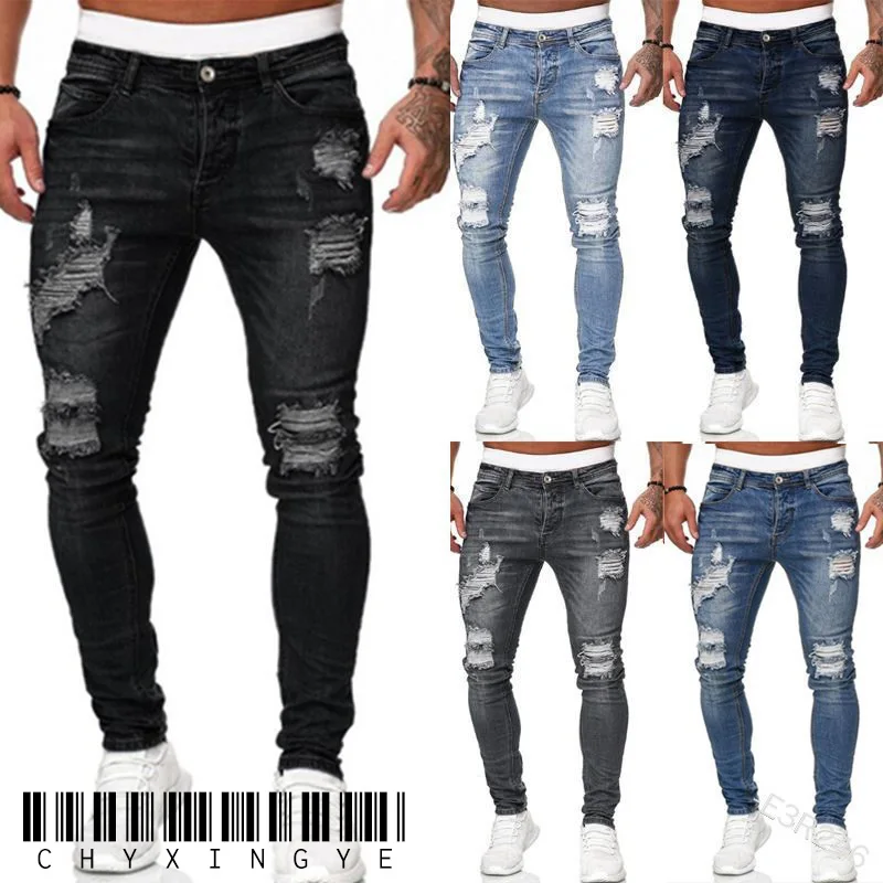 Pantalones vaqueros rasgados ajustados para hombre, pantalones pitillo de mezclilla azul de escarificación, pantalones vaqueros de hip-hop de calle, ropa de vaquero de moda para hombre