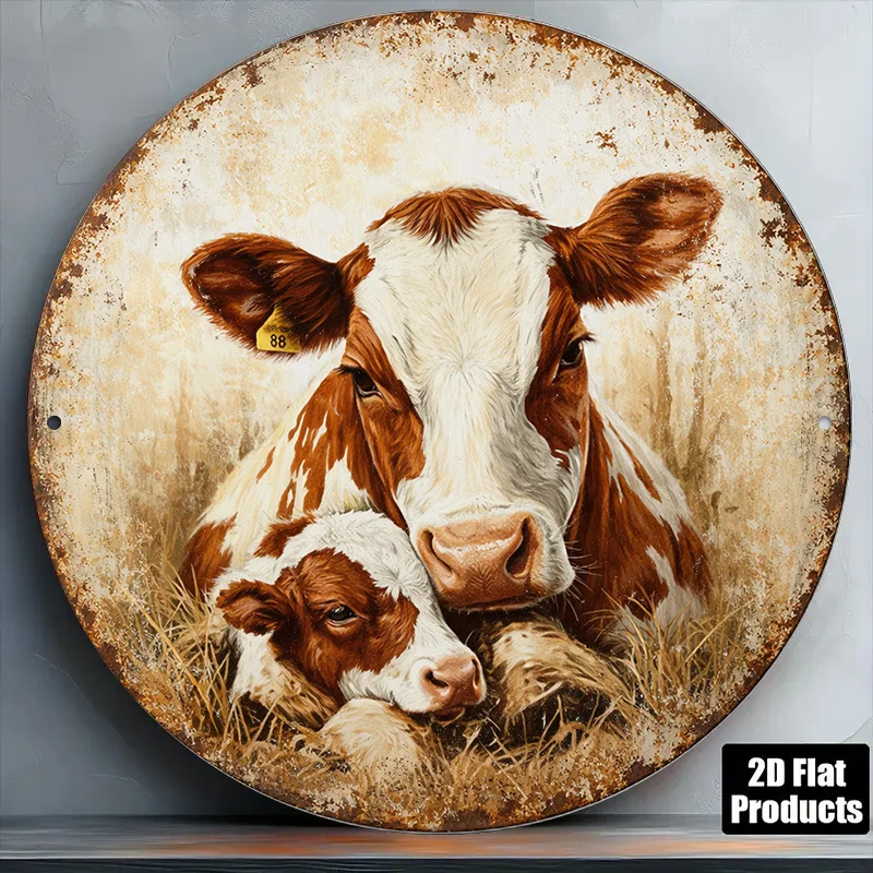 2D Flat Round Aluminum Sign, Vintage Aluminum Plaque about Cows And Calves, Farm Animal Heartwarming Picture Decorative Sign