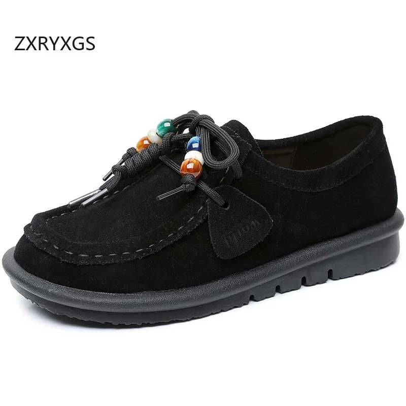 

ZXRYXGS 2025 First Layer Frosted Cowhide Beading Women Real Leather Shoes Flat Soft Sole Large Size Shoes Fashion Sneakers Tide