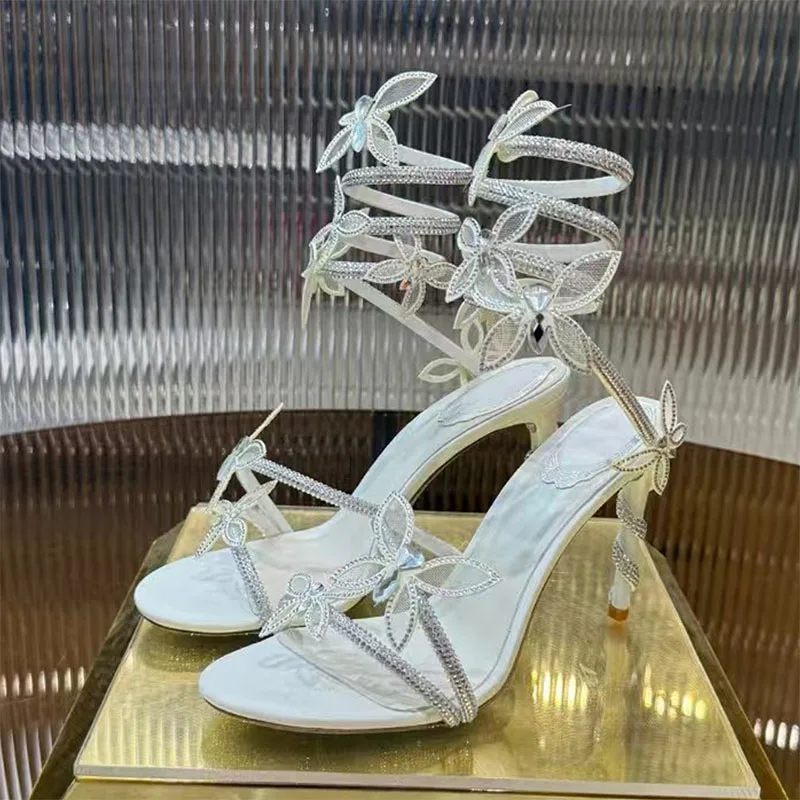 الصيف صنادل كعب عالٍ للنساء حجر الراين فراشة الأفعى خيوط حول الكاحل حزام أحذية الحفلات امرأة الكعب الصنادل امرأة #3