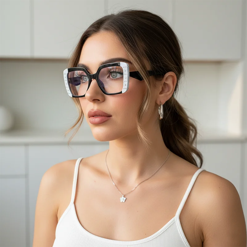 Personalisierte quadratische Blaulichtbrille mit Stud-Akzenten: Stilvoll, vielseitig und geeignet für Büro, Lesen und Alltag