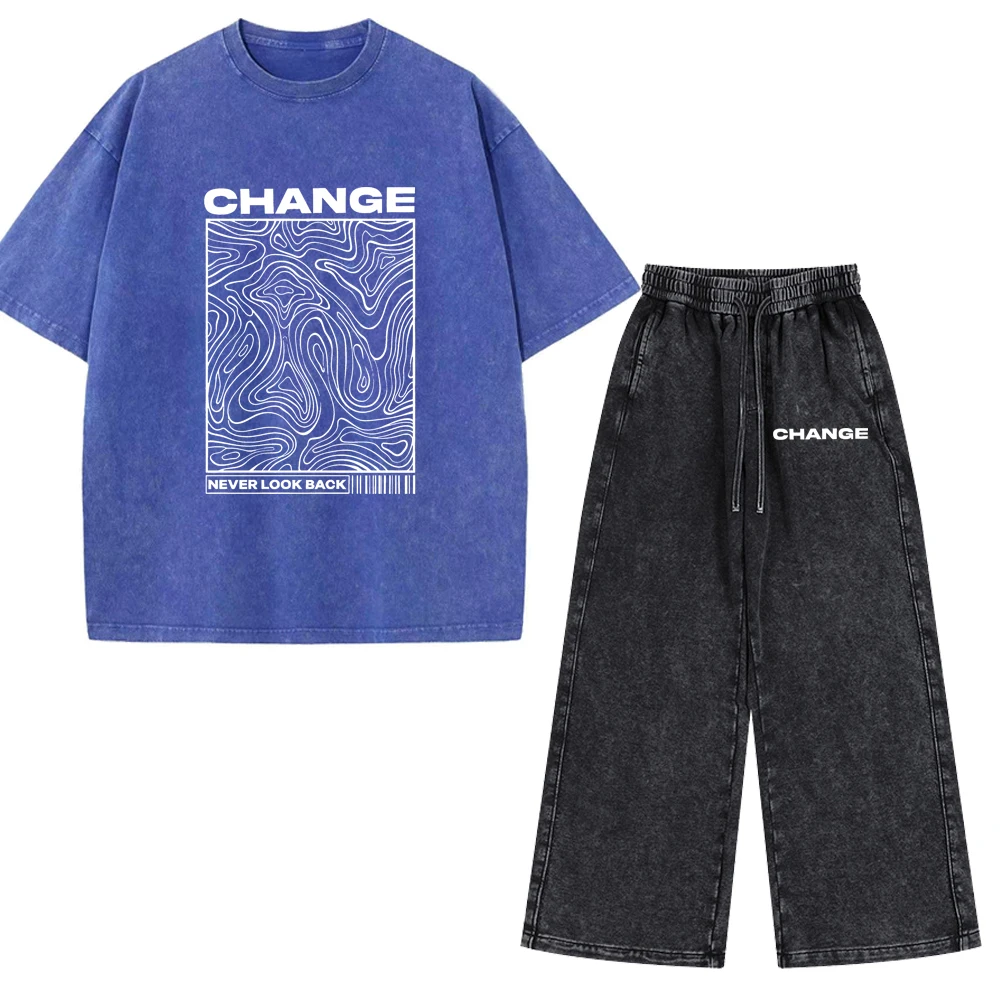Vintage Washed Herren Zweiteiler Set Never Look Back Topographischer Druck Übergroßes Kurzarm-T-Shirt Kordelzug Weite Hose Casual – Detail 7