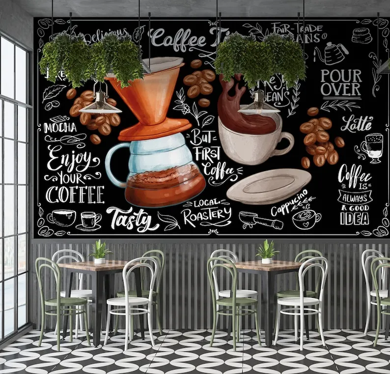 Cafe Wall Poster, Cafe Shop Wallpaper, Coffee Bistro Restaurant Easy Removable Wall Mural, Latte Espresso Mocha Cappucino Custom