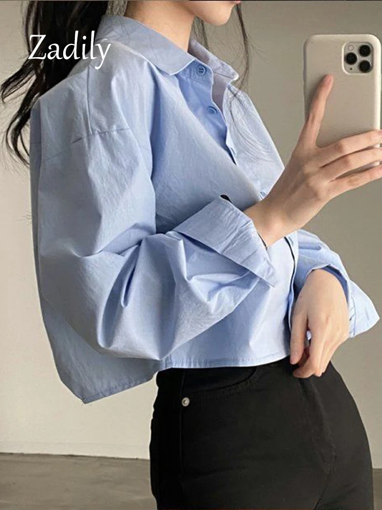 Zadily 2024 Summer New Casual Long Sleeve Women White Shirt Korea Style Solid Button Split Woman Crop Tops Blouse Party Clothing