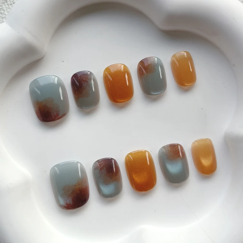10Pcs Short Square Fake Nails Blue Brown Patchwork French False Nails Designs Full Coverage Waterproof Artificial Press on Nails image 6