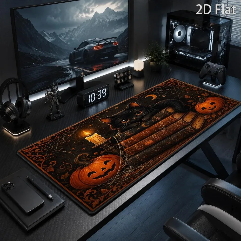 Large Gothic Horror Black Cat and Book Stack Mouse Pad - Retro Horror Desktop Pad mousepad gamer escritorio accesorios