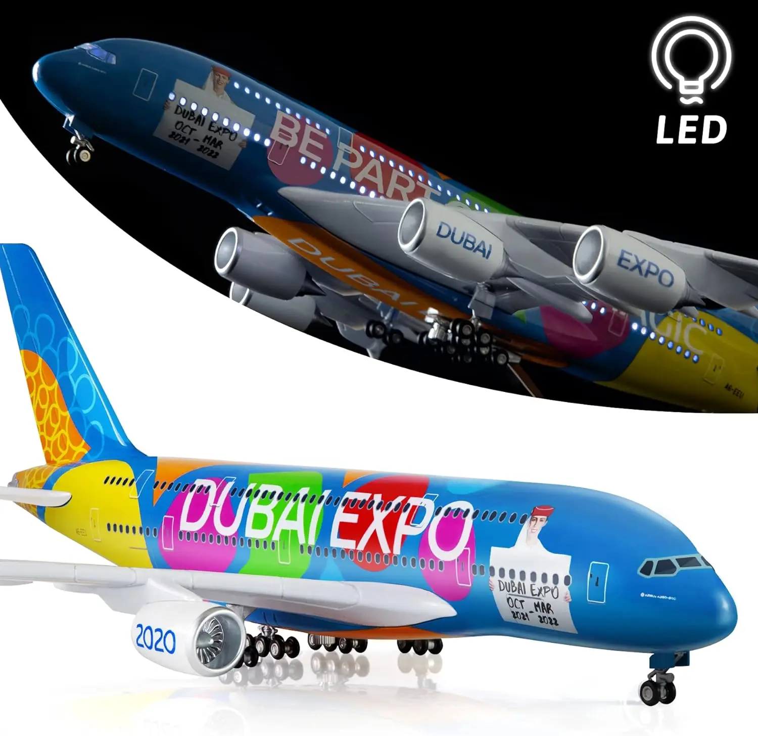 1:160 Scale Large Aircraft Model Airbus 380 Expo Aircraft Model Die-cast Aircraft with LED Lights for Collection or Gifts