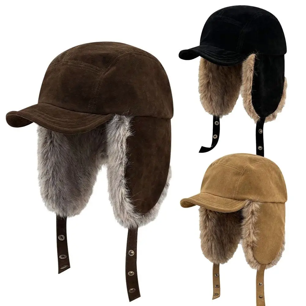 Suede Winter Bomber Hats Ear Protection Duck Tongue Brim Windproof Cycling Caps Keep Warm Ski Pilot Cap Winter Skiing Cycling