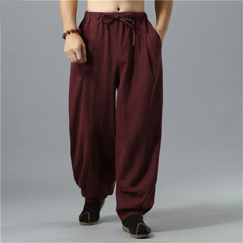 2024 Autumn Large Size Wide Leg Pants Men Casual Loose Trousers Chinese style Cotton Linen Pants Drawstring Joggers M-6XL White