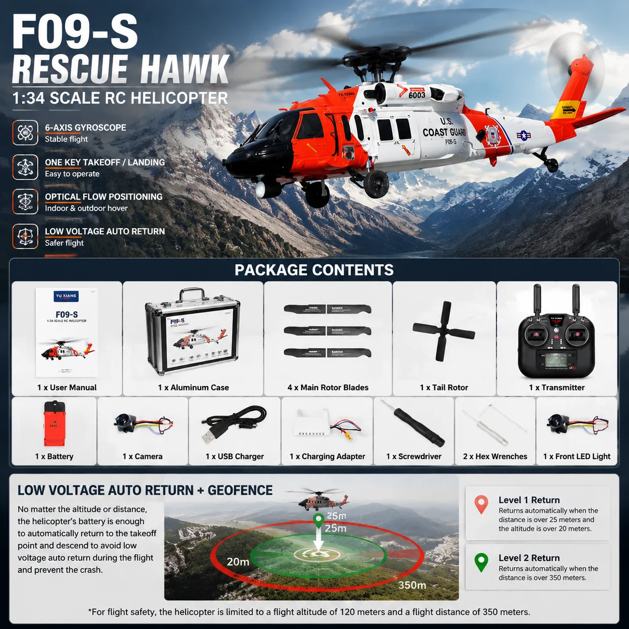 YUXIANG F09‑S UH‑60 Black‑Hawk Scale RC Helicopter, Military‑Style Rescue Version, Intelligent GPS Positioning, One‑Key Inverted