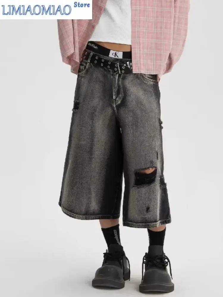 

Women Gradual Hole Breaking Unisex Denim Shorts Aesthetic Streetwear Female Short Jeans Summer Cowboy Calf-length Trousers