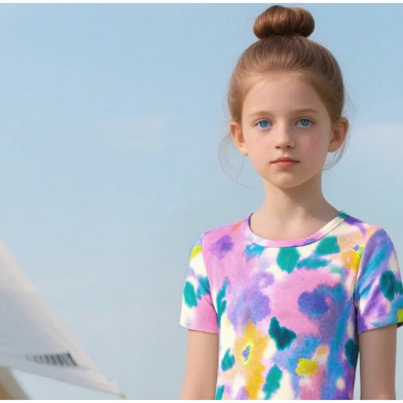 فستان بناتي بأكمام قصيرة ملون لعام 2025 - ملابس أطفال كاجوال للعطلات الصيفية والتخييم