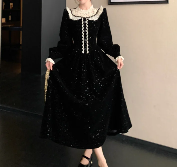 فستان نسائي للخريف والشتاء مقاس كبير أنيق من الدانتيل الفرنسي بياقة بيتر بان وأكمام طويلة على شكل حرف a فساتين حلوة عالية الخصر #5