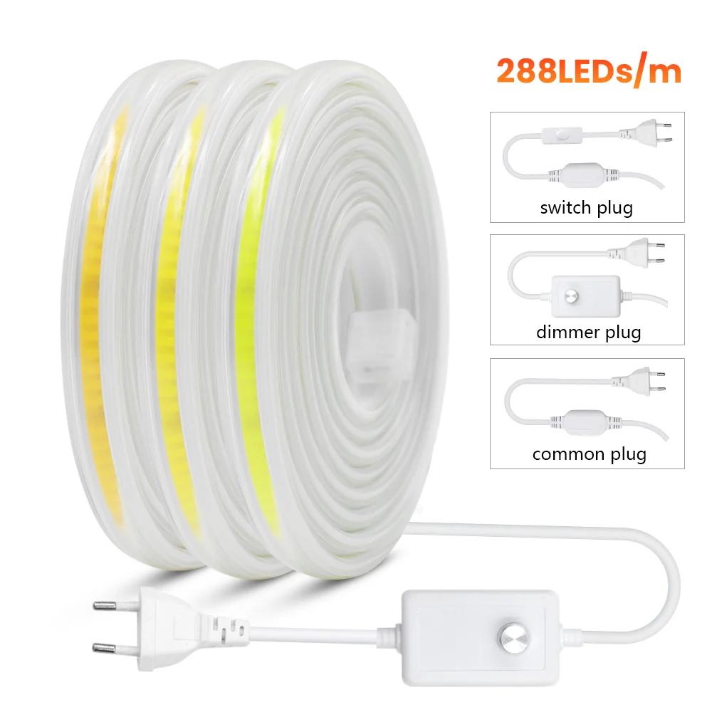 

220V COB LED Strip Dimmable 288Leds/m High Density FOB LED Stripe Tape Light Bar Waterproof Linear Ribbon With Dimmer/Switch