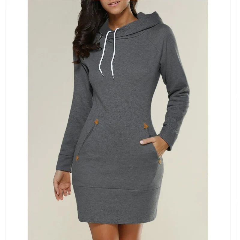 Damenbekleidung Neues mittellanges Sweatshirt-Kleid mit Kapuze und Reißverschluss