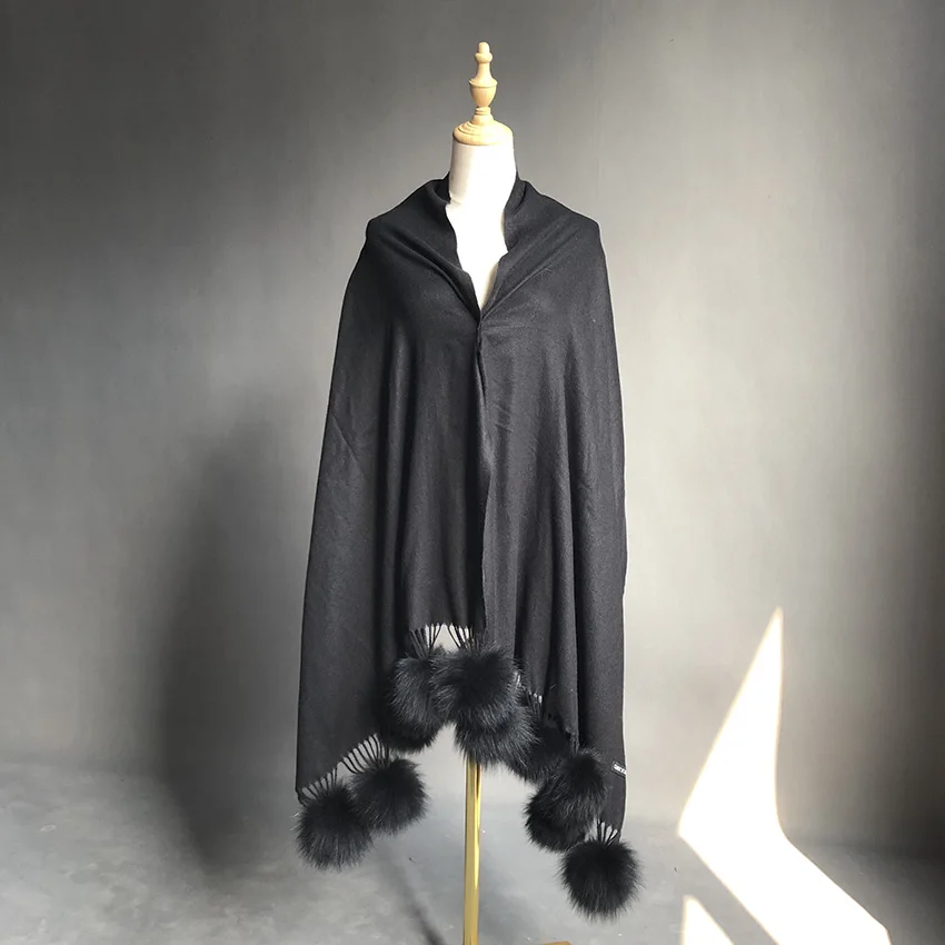 JANEFUR Cashmere Shawl Scarf Women Winter Fox Ball Fur Pom Pom Thick Pashminas Scarf JFD1-21012