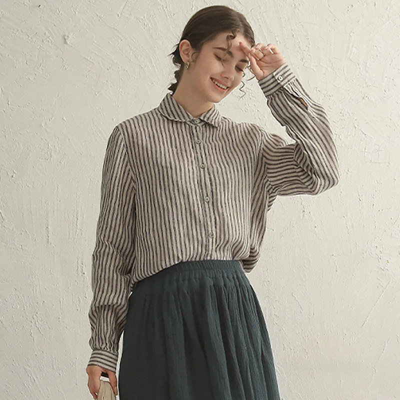 

Cotton Linen Striped Navy Blue Shirts Women Tops Loose Long Sleeve Black Cardigan Women's Linen Shirt Streetwear Female Blouse