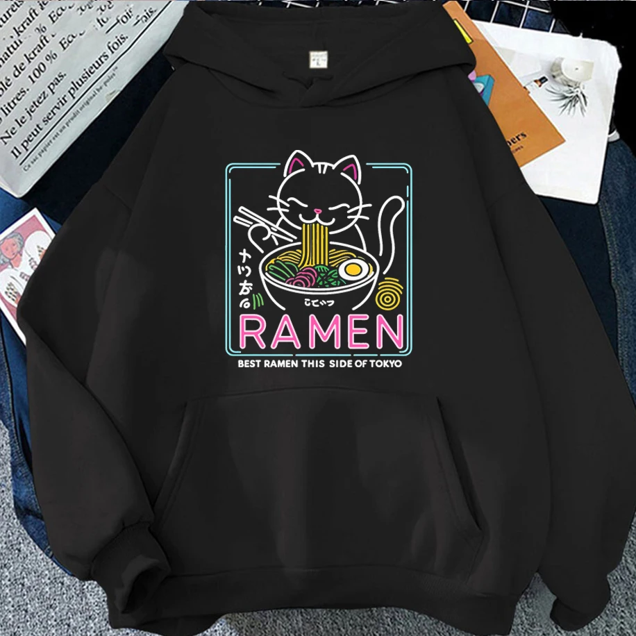 

Cartoon Cat Eating Lamian Noodles Pattern Men Women Hoodie Casual Oversized Loose Harajuku Couple Top Kawaii Unisex Clothing