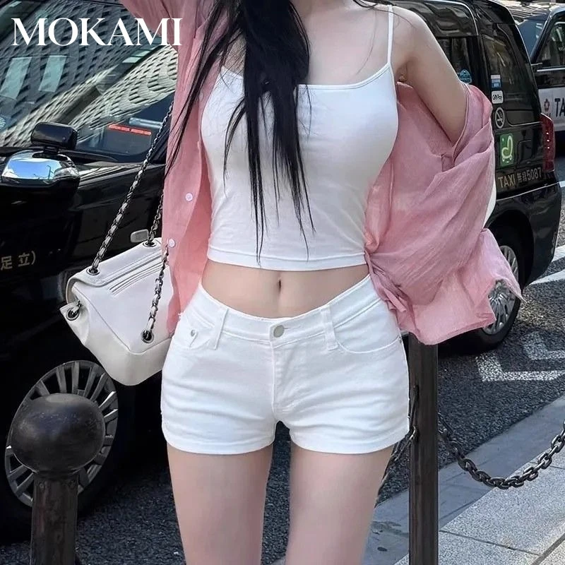 New Korean Style White Low Waist Denim Shorts Women Stretch Skinny Slim Fit A Line Hip Wrap Hot Pants Y2K Trendy Jeans Shorts
