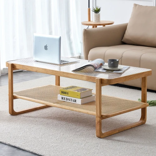 

Modern Simple Double-Layer Solid Wood Glass Tea Table Rectangle Rattan Woven Chinese Side Table for Living Room Dining Room