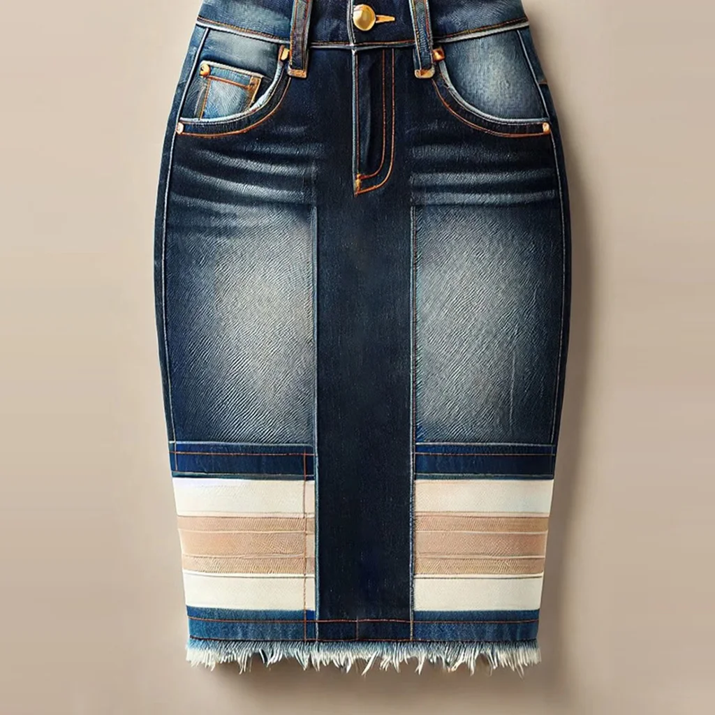 Summer High Rise Contrast Striped Denim Raw Edge Women's Midi Skirt for 2025 Bodycon Slim Hip Mini Dress Korean Fashion Female