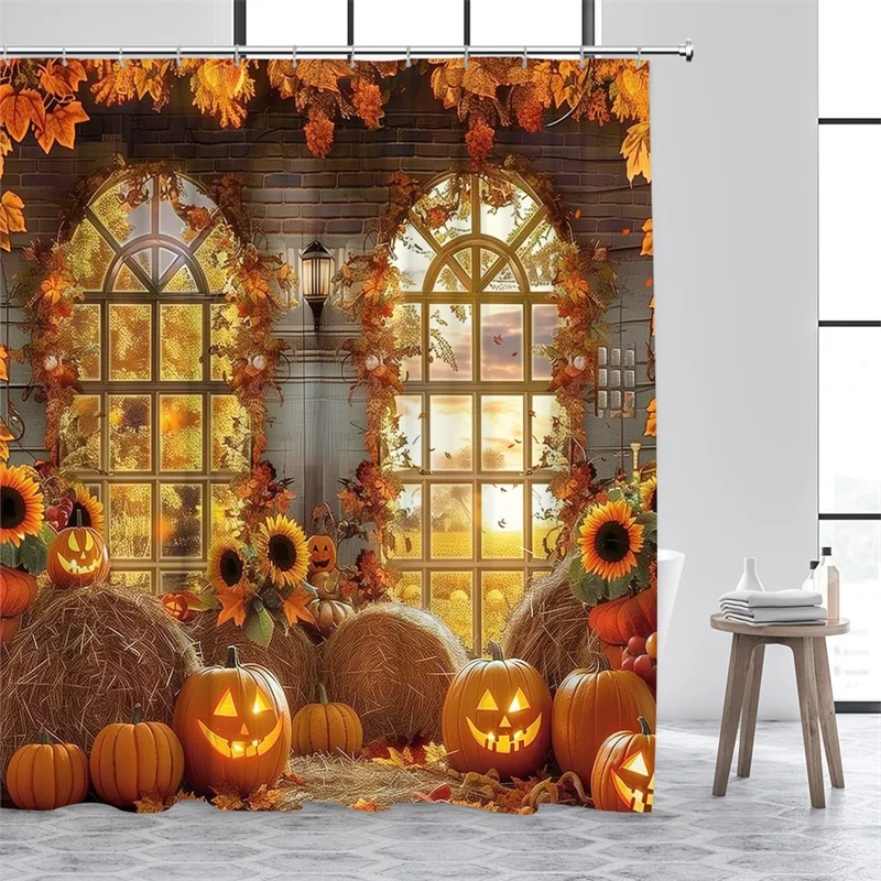 Autumn Barn Shower Curtain Sunflower Pumpkin Red Maple Leaves Fall Farm Landscape Bath Curtains Fabric Home Bathroom Decor Set