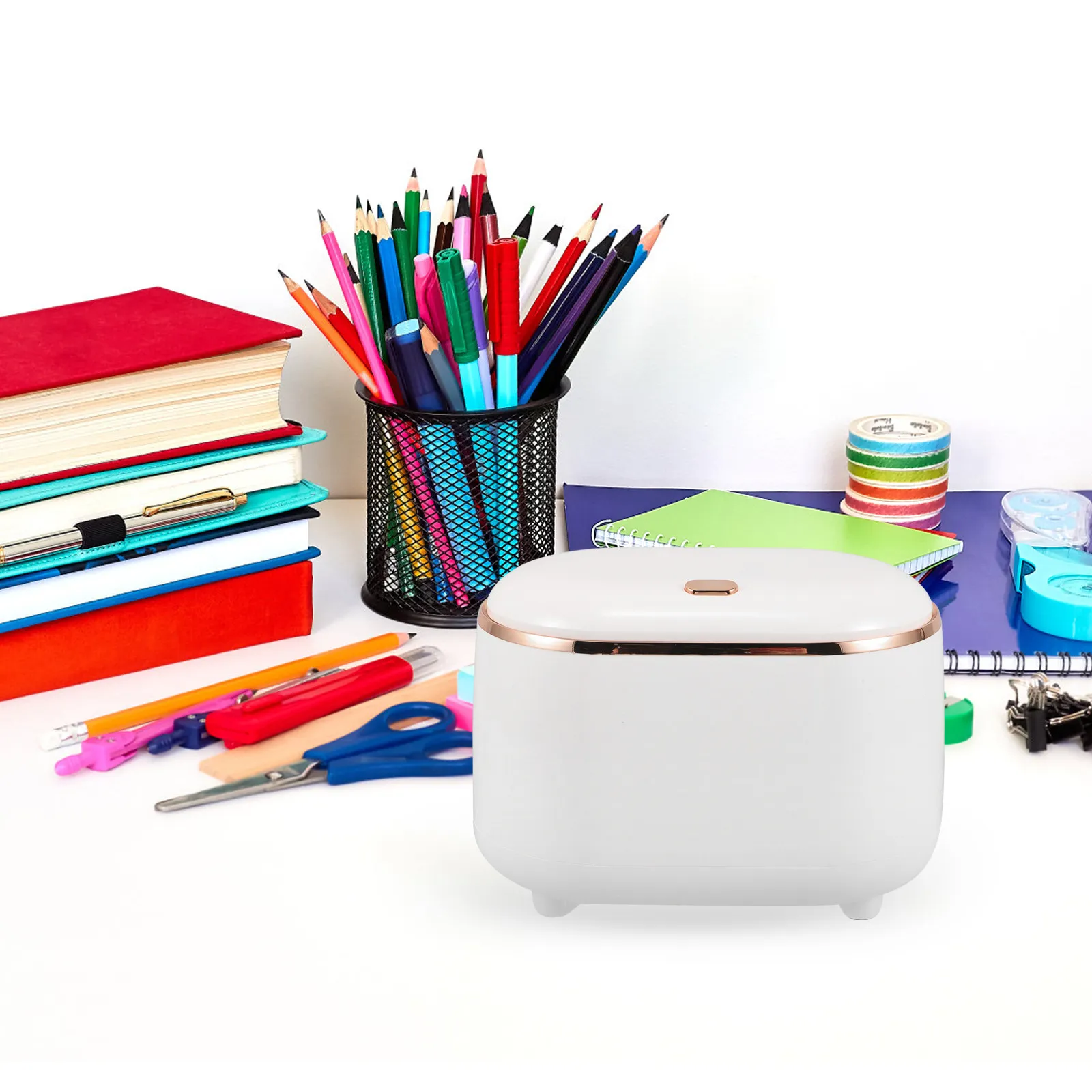 

Oval Press Lid Trash Can Plastic White Desktop Lidded Garbage Bin Office Bathroom Small Waste Container Trashcan