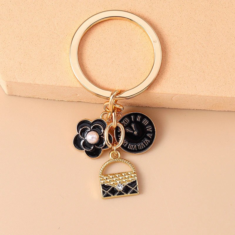 Modische Blumen-Schlüsselanhänger Emaille-Uhr Taschenanhänger Schlüsselringe für Frauen Männer Auto-Schlüssel Handtaschen-Schlüsselketten Zubehör DIY Geschenke – Detail 6