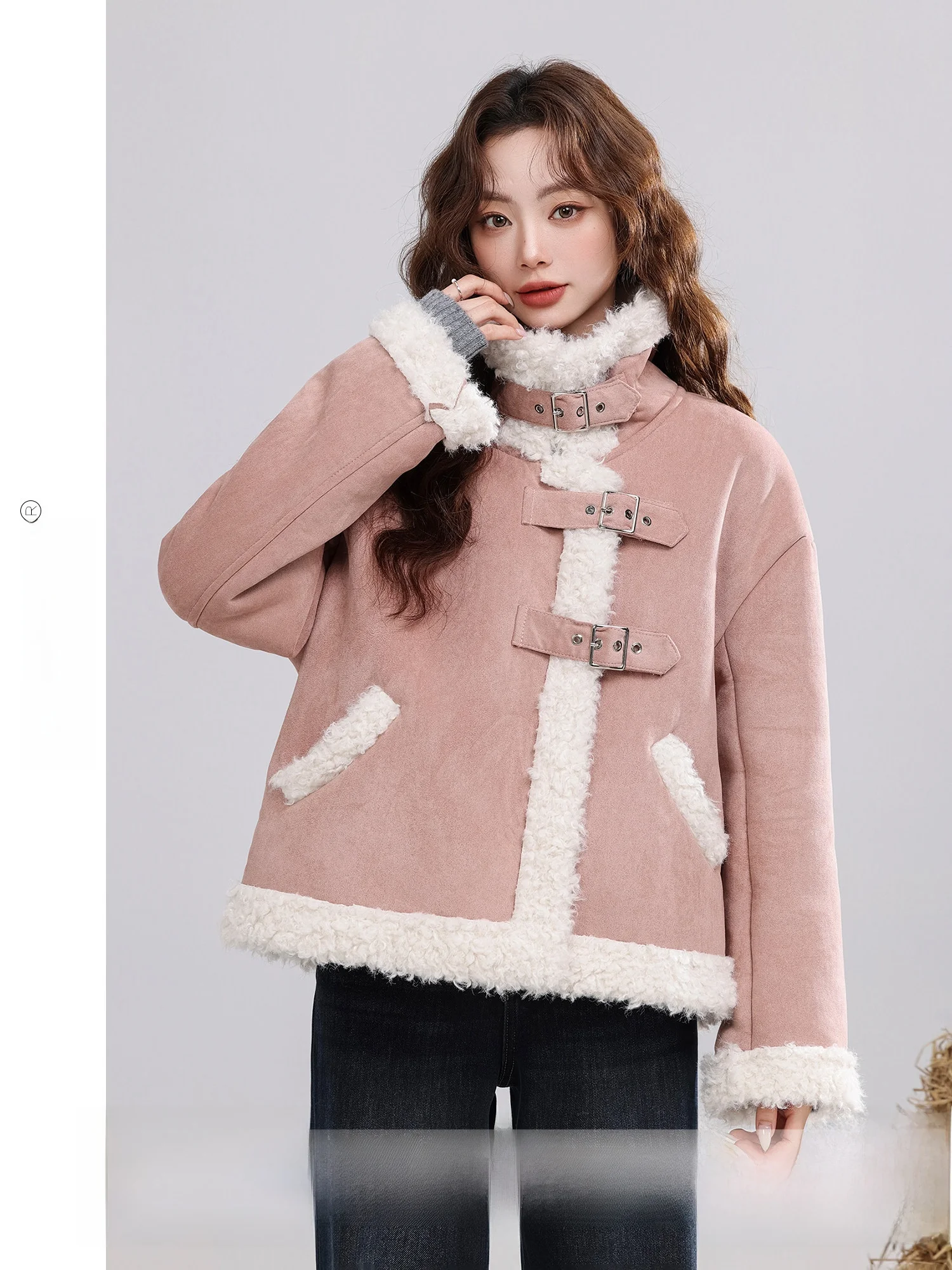 

Модная женская зимняя куртка Royo с воротником-стойкой, розовая, из искусственной кожи с меховой подкладкой, теплая, из 100% полиэфирного волокна, повседневная одежда