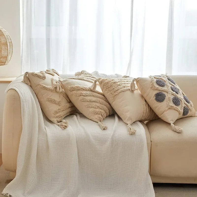 Boedia Quality Modern Throw Pillow Covers Tufted Tassel Bohemian Style Cushion Case Pillowcase Decoration for Home 45x45cm