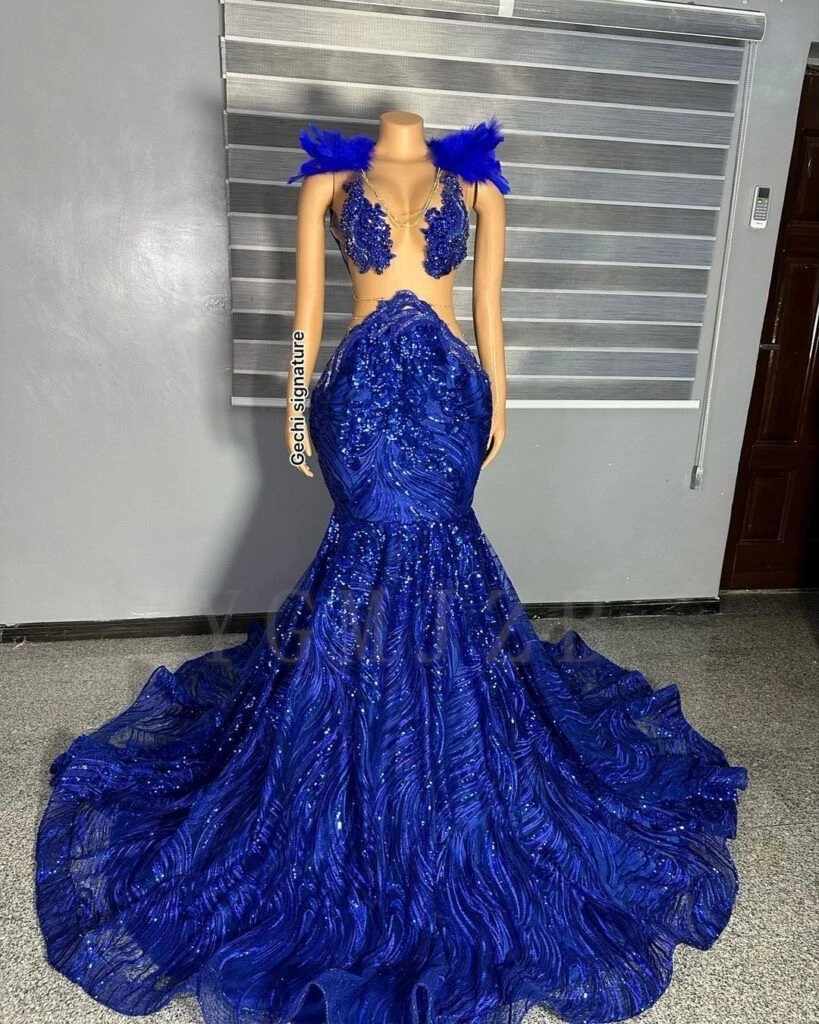 

Sexy Illusion Royal Blue Prom Dresses Luxury Rhinestones with Feather Wedding Birthday Party Formal Occasion Evening Gowns