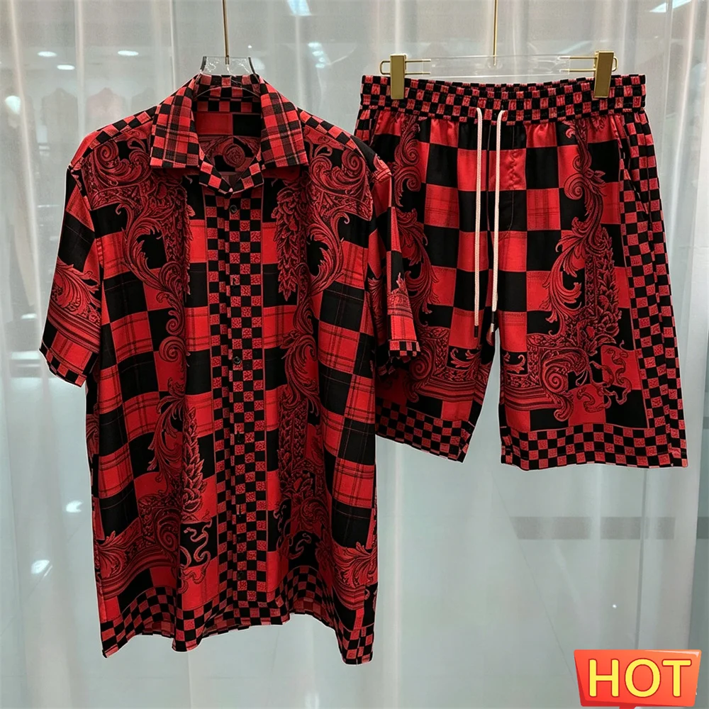 3D Grid Leisure vacation two-piece set Summer mens shirt set men's matching sets Cheap men's clothing 2 piece shorts shirt sets