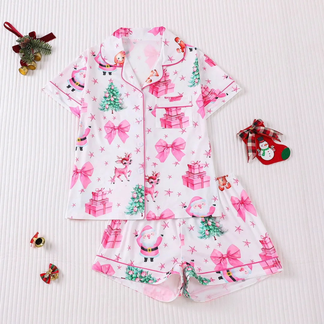 

Women's Pajamas with Christmas Tree Santa Claus Print Home Wear Set Lapel Short-sleeved Shirts and Pants Nightgown Gifts
